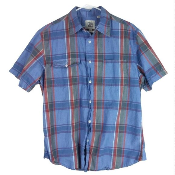 Paper Denim & Cloth Mens Short Sleeve Tartan Plaid Shirt Blue Large Button Front - Picture 1 of 4